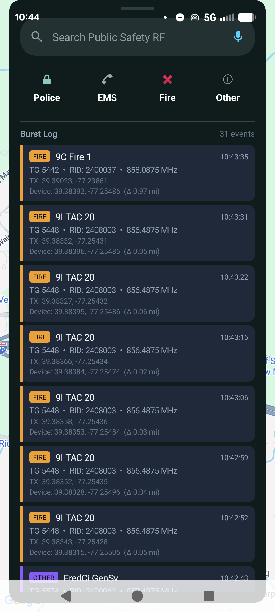 Foxhunt burst log showing fire department transmissions