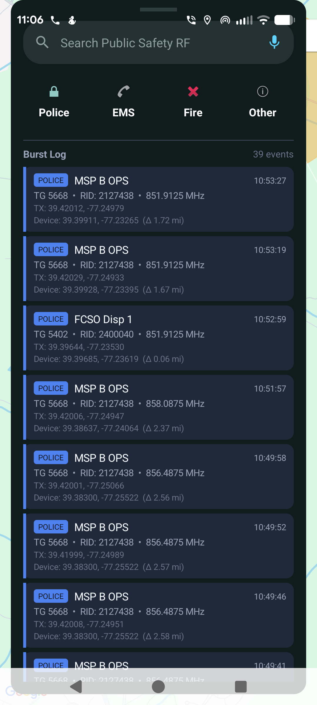 Foxhunt burst log showing Maryland State Police transmissions